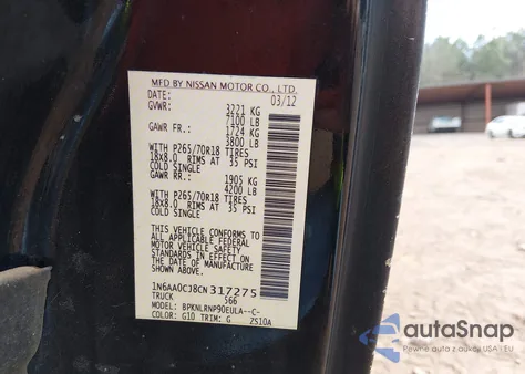 2012 Nissan Titan S z USA, uszkodzony, nr VIN 1N6AA0CJ8CN317275